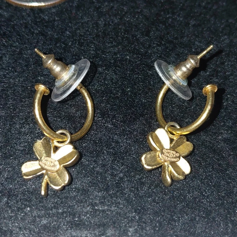 Chanel Gold Lucky 4 Leaf Clover Charm Hoop Pierced Earrings. Authentic VGC